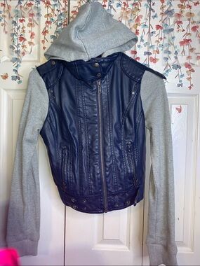 New Look Navy Faux-Leather Hooded Moto Jacket with Gray Sleeves